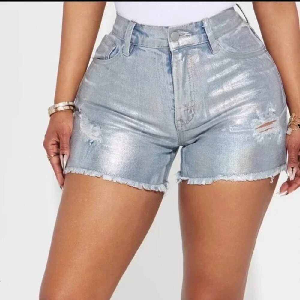Iridescent Metallic Foil Silver Ripped Denim Shorts Size 5
